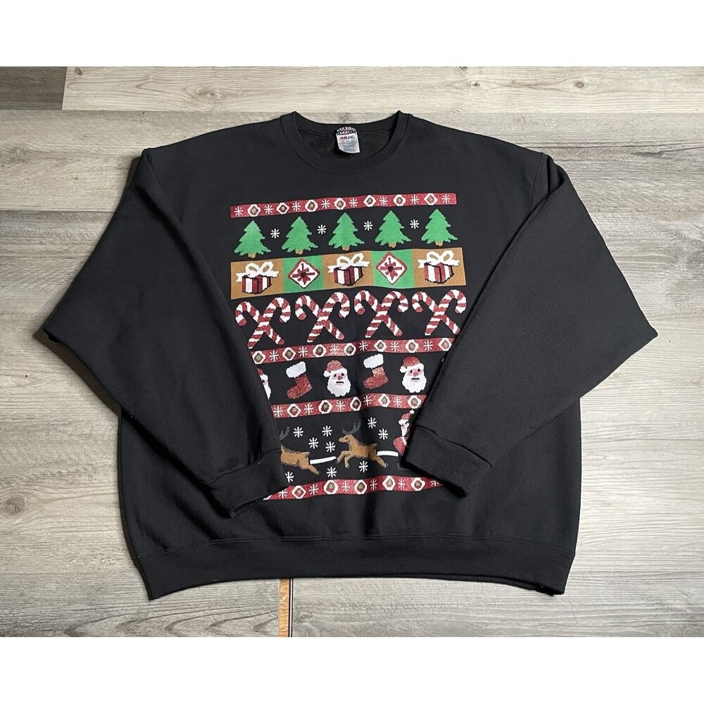 Jerzees Men's Black Santa Claus Graphic Print Fleece Crewneck Pullover - 2XL